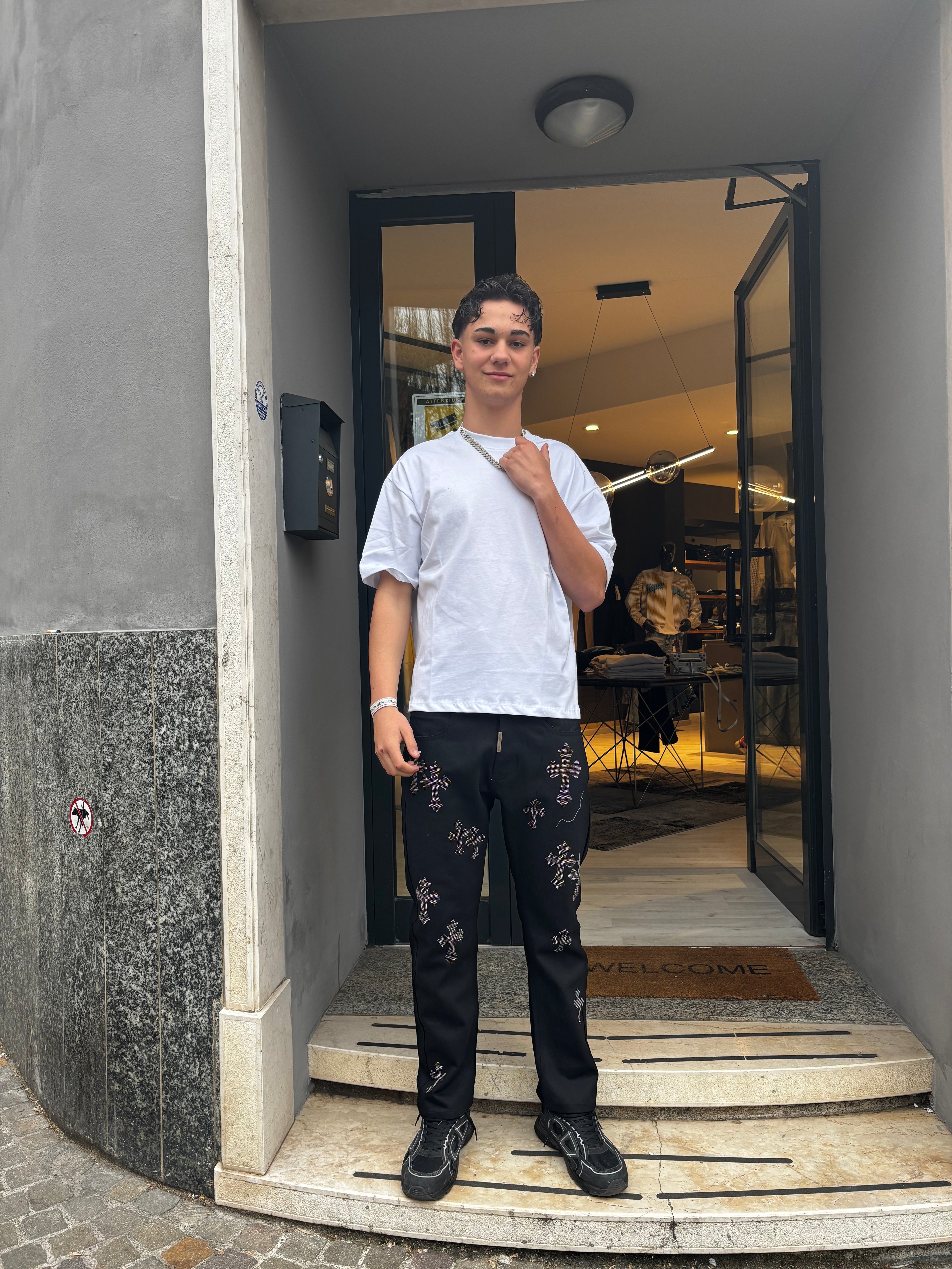 Jeans Neri Uomo con Croci Strass-Cianotic Made in Italy