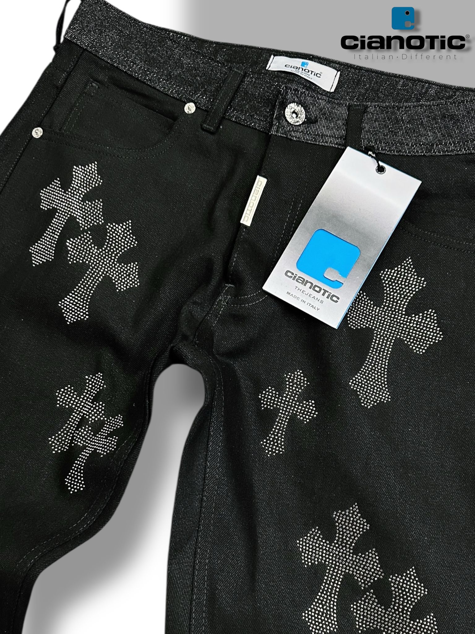 Jeans Neri Uomo con Croci Strass-Cianotic Made in Italy