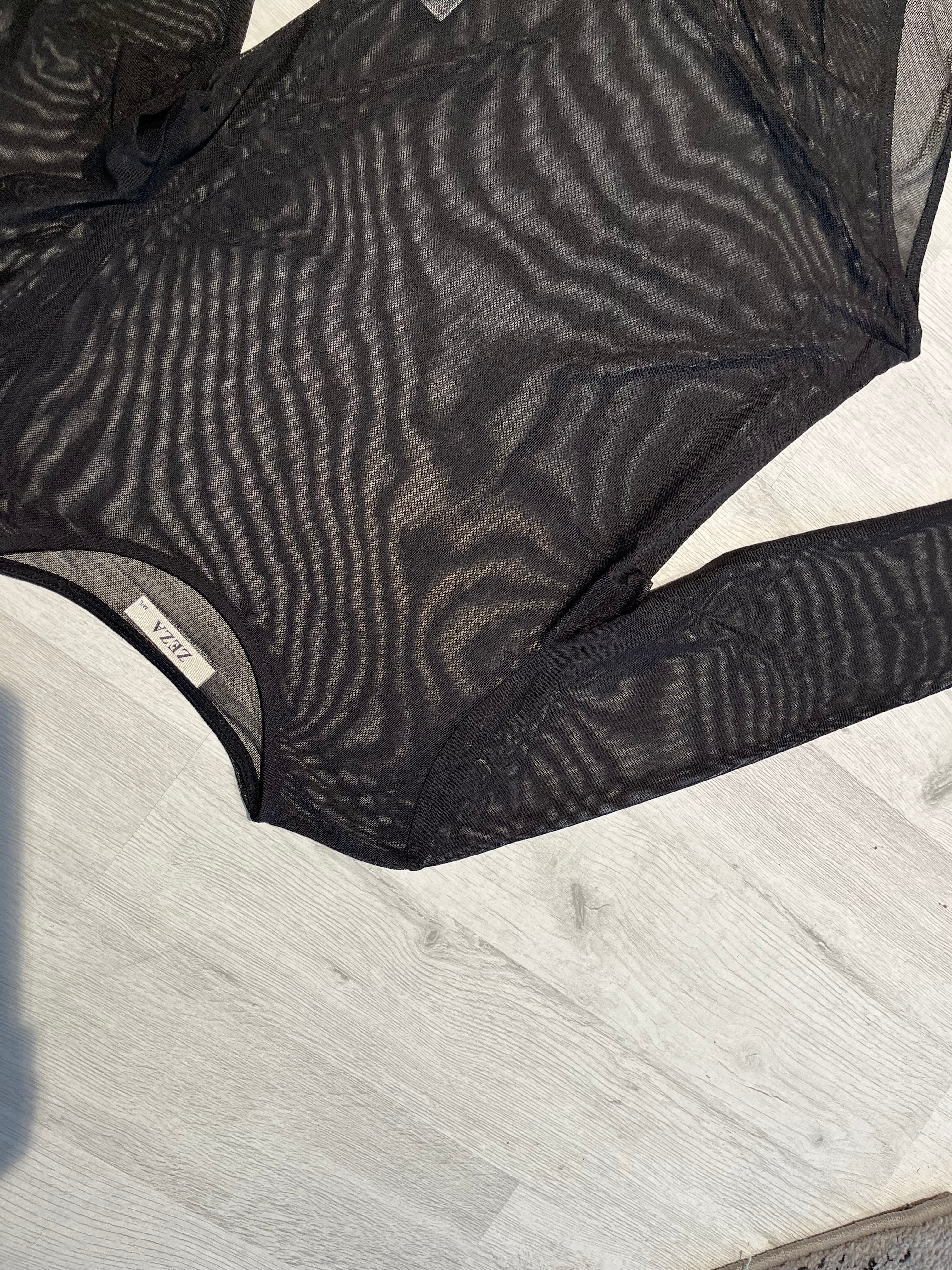 Body in Tulle Trasparente Nero – Sexy Eleganza con Maniche Lunghe