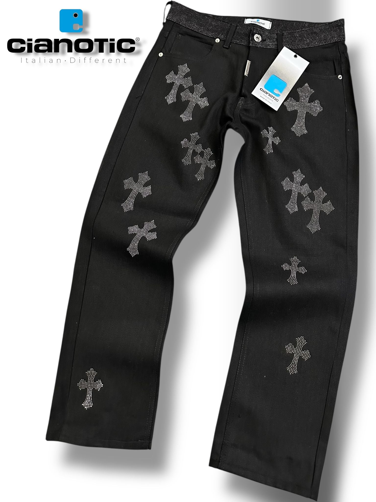 Jeans Neri Uomo con Croci Strass-Cianotic Made in Italy