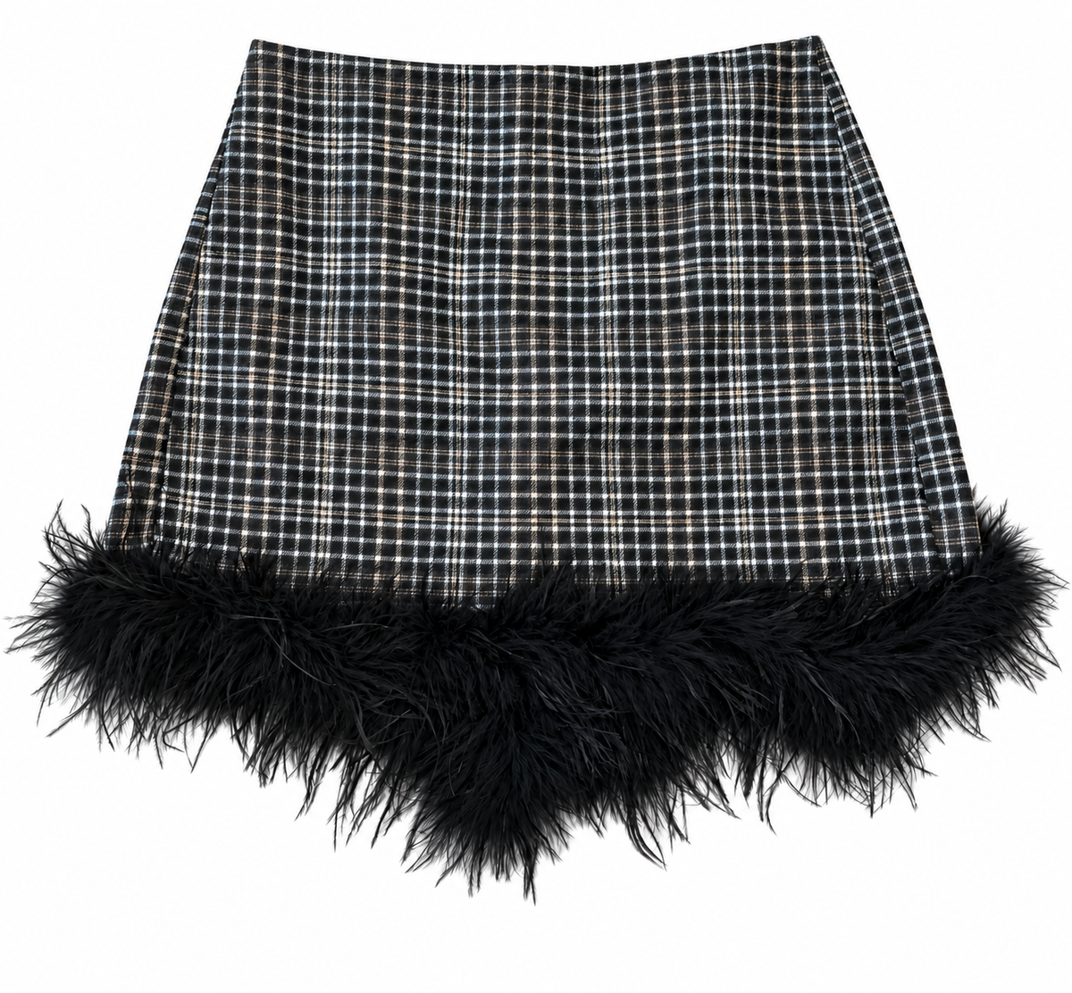Pantaloncino gonna mini a Quadri con Dettaglio Piume – Glam Chic Statemen